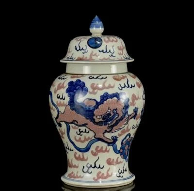 Pair Old Chinese Underglaze Red Blue&White Lid Pot W/lion N1198