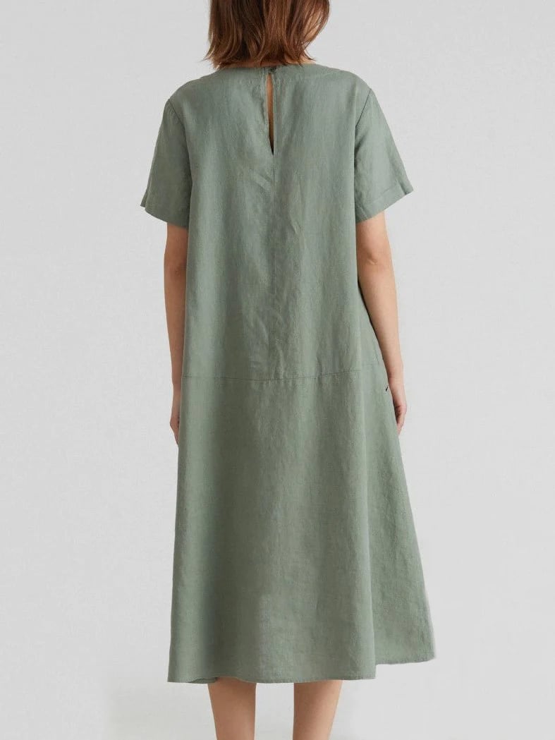 Round Neck A-Line Loose Two Pocket Short Sleeve Mid Sleeve Cotton Linen Dress