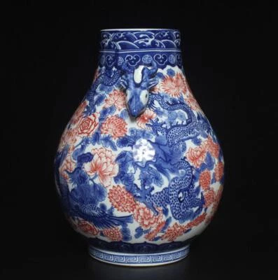 33CM Qianlong Singed Chinese Blue & White Porcelain Vase Zun w/ dragon
