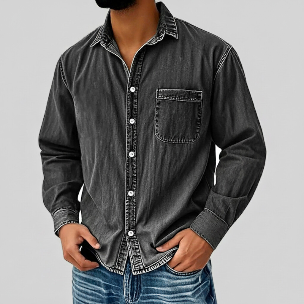 Men's Retro Dark Blue Turndown Collar Button Chest Pocket Long Sleeve Washed Denim Shirts