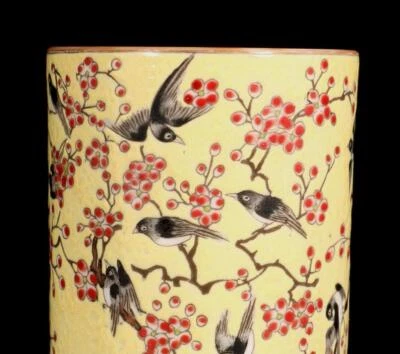 Tongzhi Signed Old Chinese Colour Enamel Brush Pot W/bird N1462