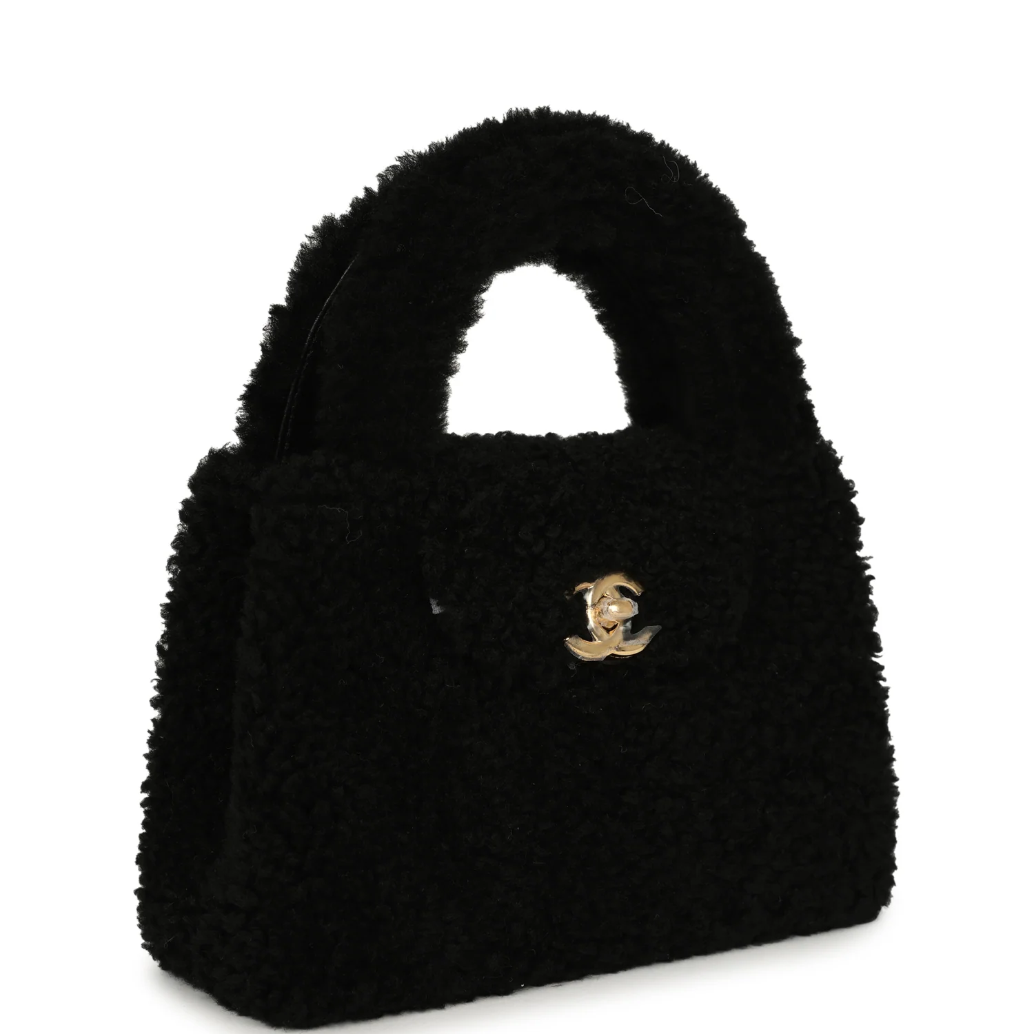 CHANEL Small Kelly Shopper Black Shearling Gold Hardware