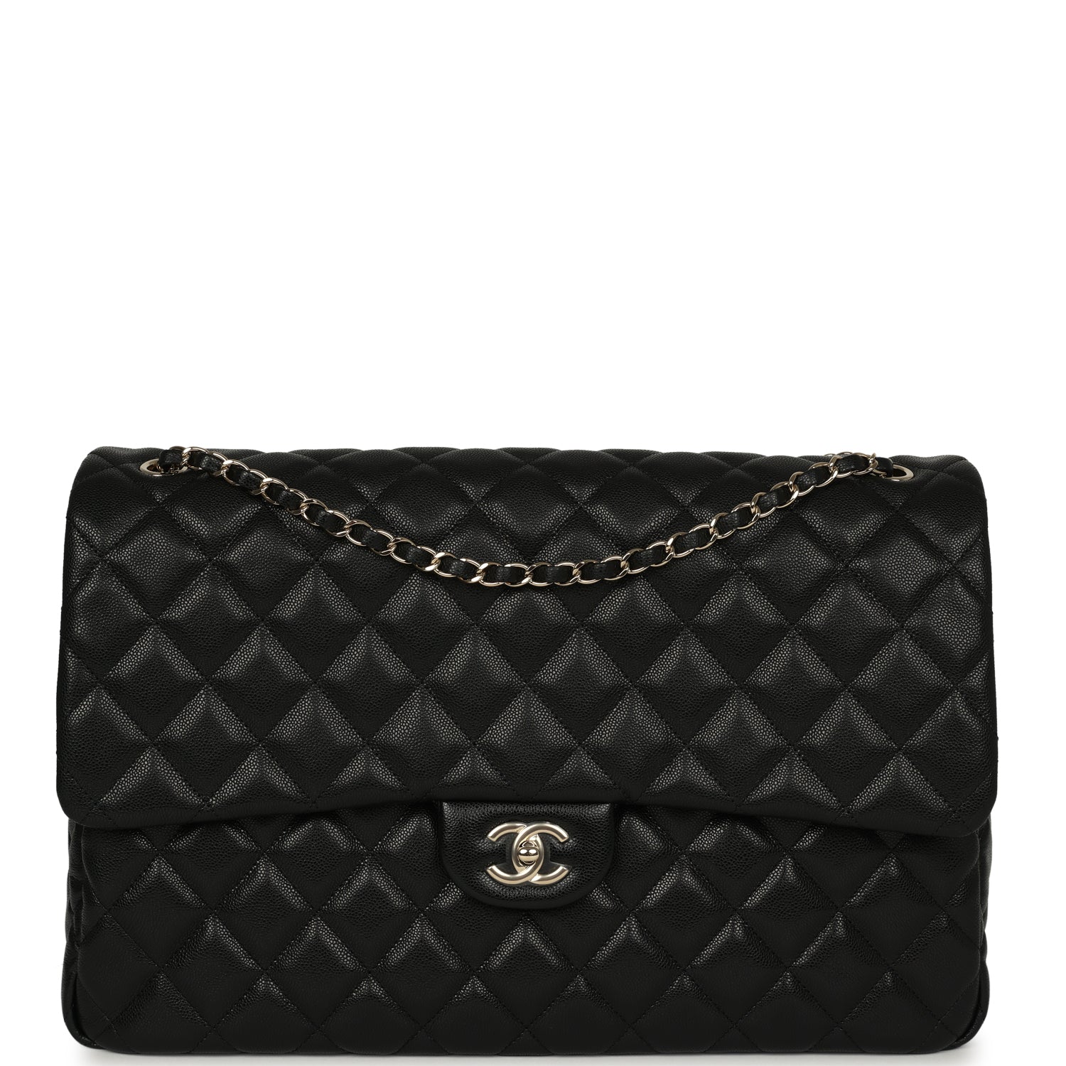 CHANEL XXL Classic Single Flap Bag Black Shiny Caviar Light Gold Hardware