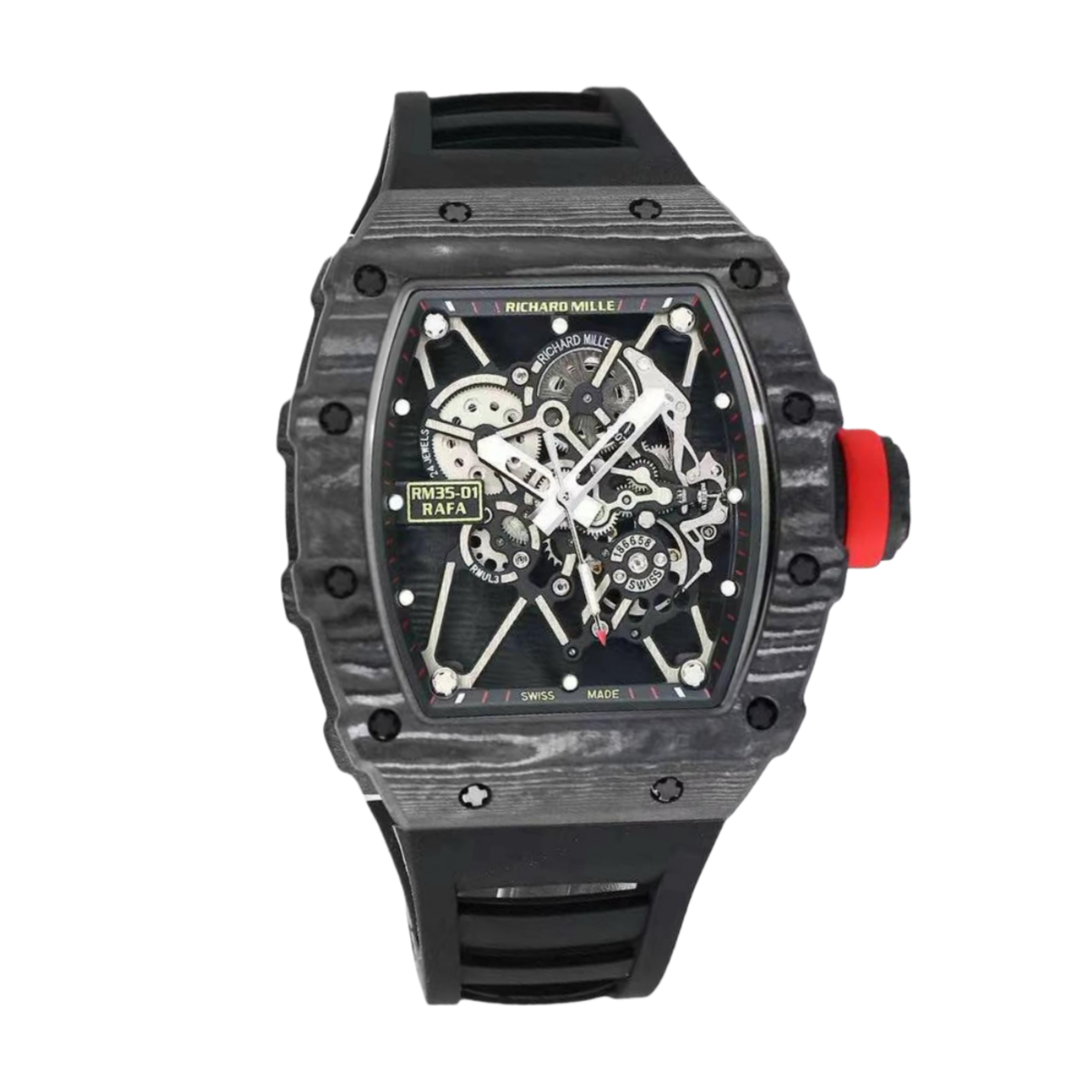 【7A Quality】Richard Mille RM 35-01 Rafael Nadal Replica Swiss Watch – Skeleton Dial, NTPT Carbon Case, Black Rubber Strap