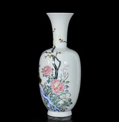 37CM Yongzheng Signed Old Chinese Colour Enamel Vase W/bird N3343