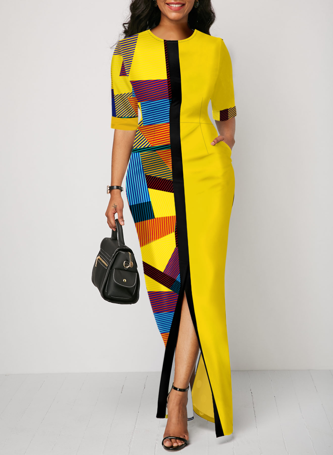 Half Sleeve Geometric Print Yellow Slit Dress