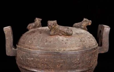 16CM Old Chinese Bronze Statue Pot Ding w/tiger N1759