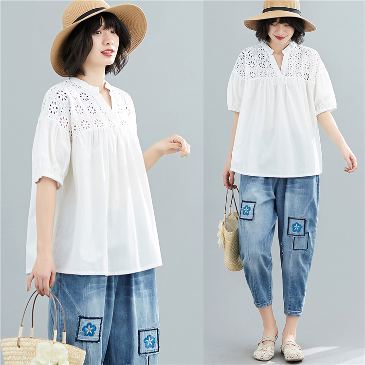 Hollow loose art shirt Korean style fresh tops for women