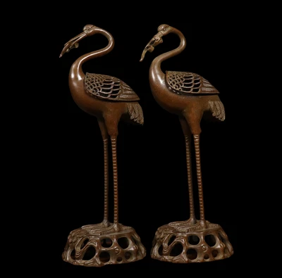 Pair Old Chinese Copper Incense Burner w/crane N4209