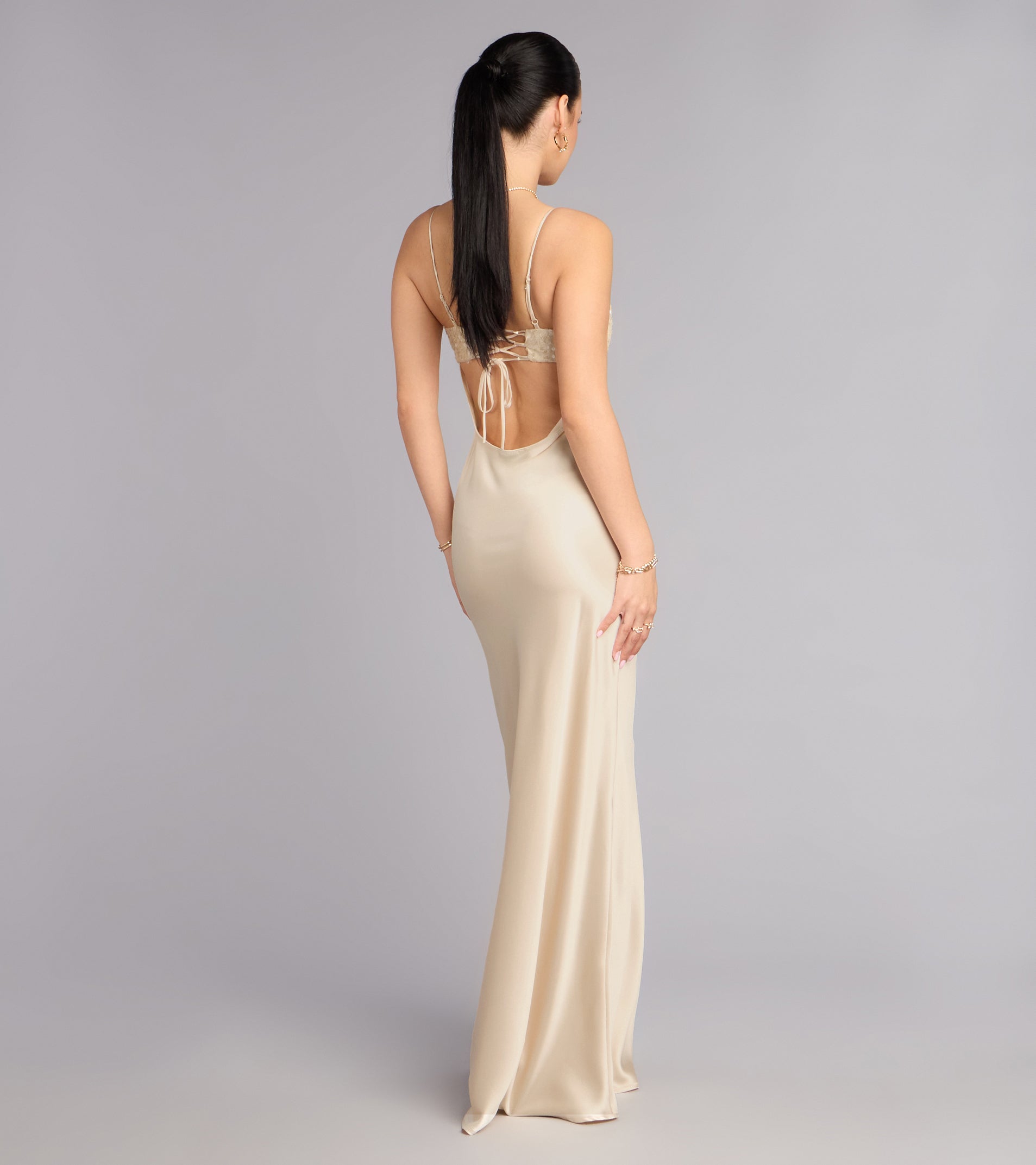 Satin Sequin Lace‑Up Formal Dress