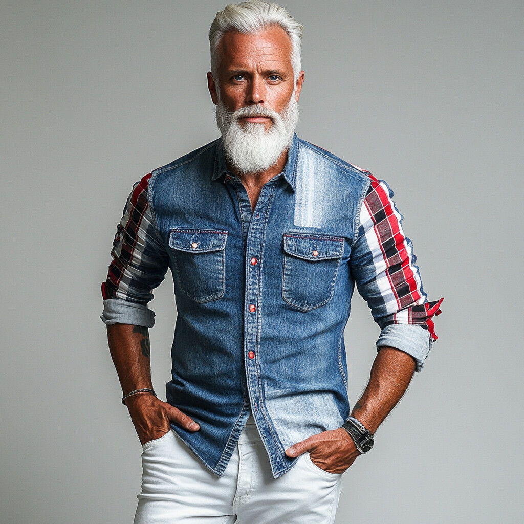 Men's Washed Denim Check Single Breasted Chest Pocket Shirt