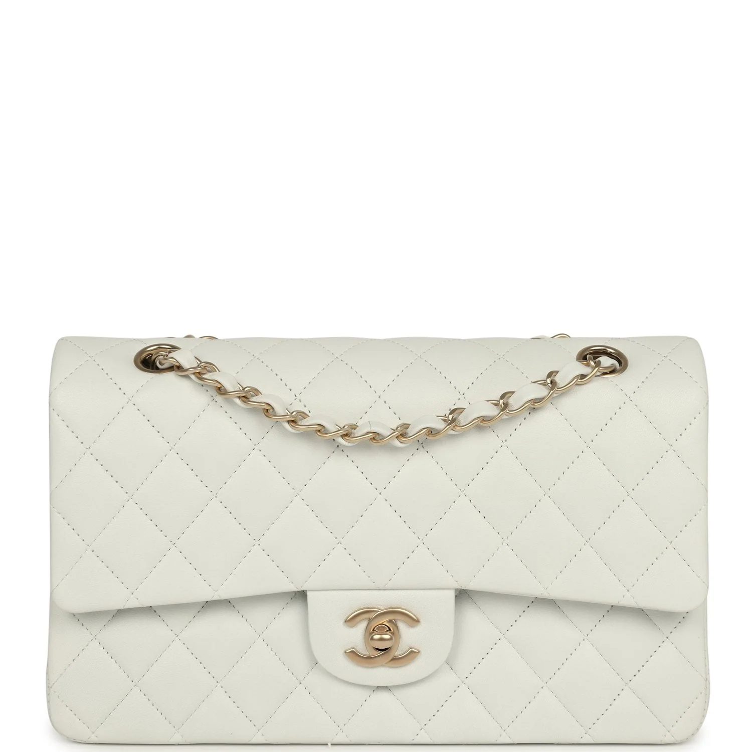CHANEL Medium Classic Double Flap Bag White Lambskin Brushed Gold Hardware