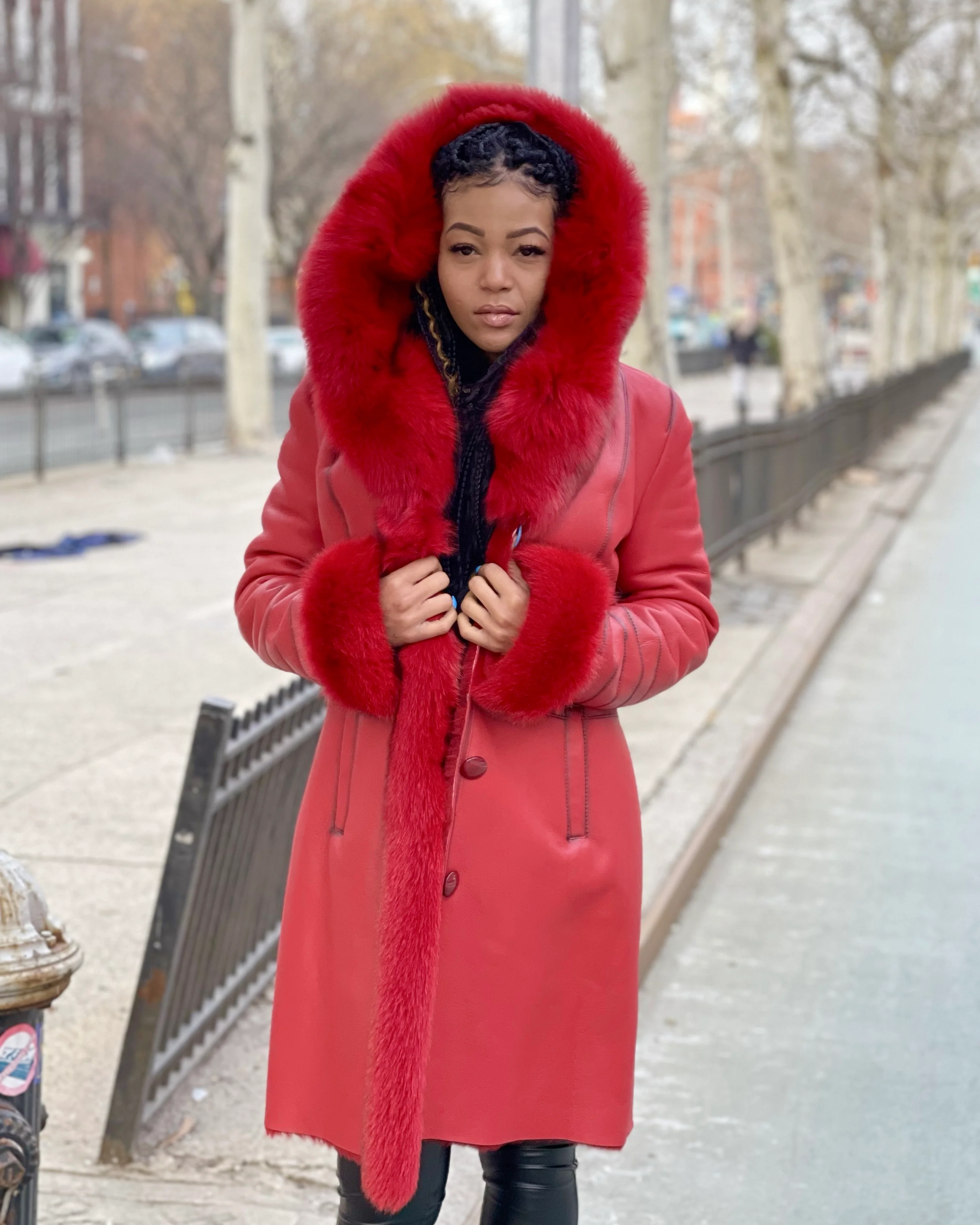 WOMEN SHEARLING- 3/4 LONG RED SHEARLING WITH RED FOX FUR AND HOOD