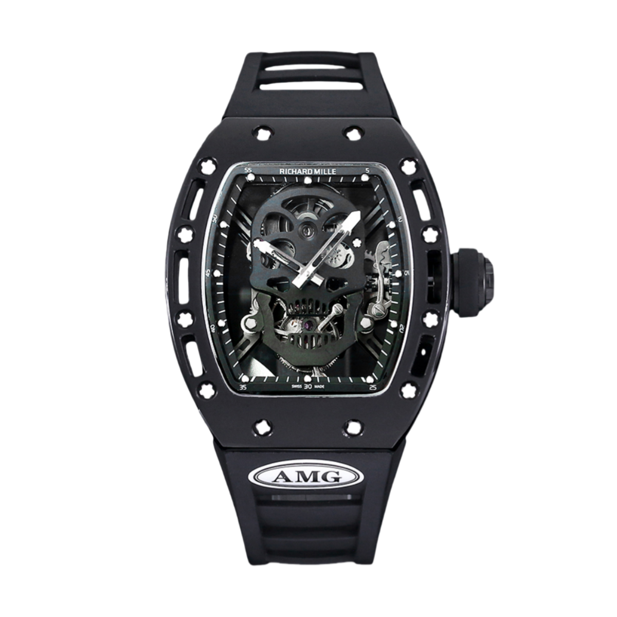 【7A Quality】Swiss Richard Mille RM 052 Replica Watch – Skeleton Tourbillon, Skull Face, Black Rubber Strap, AAAAA Quality