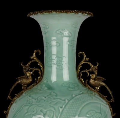 65CM Qianlong Signed Old Chinese Yingqing Glaze Vase w/dragon N4029