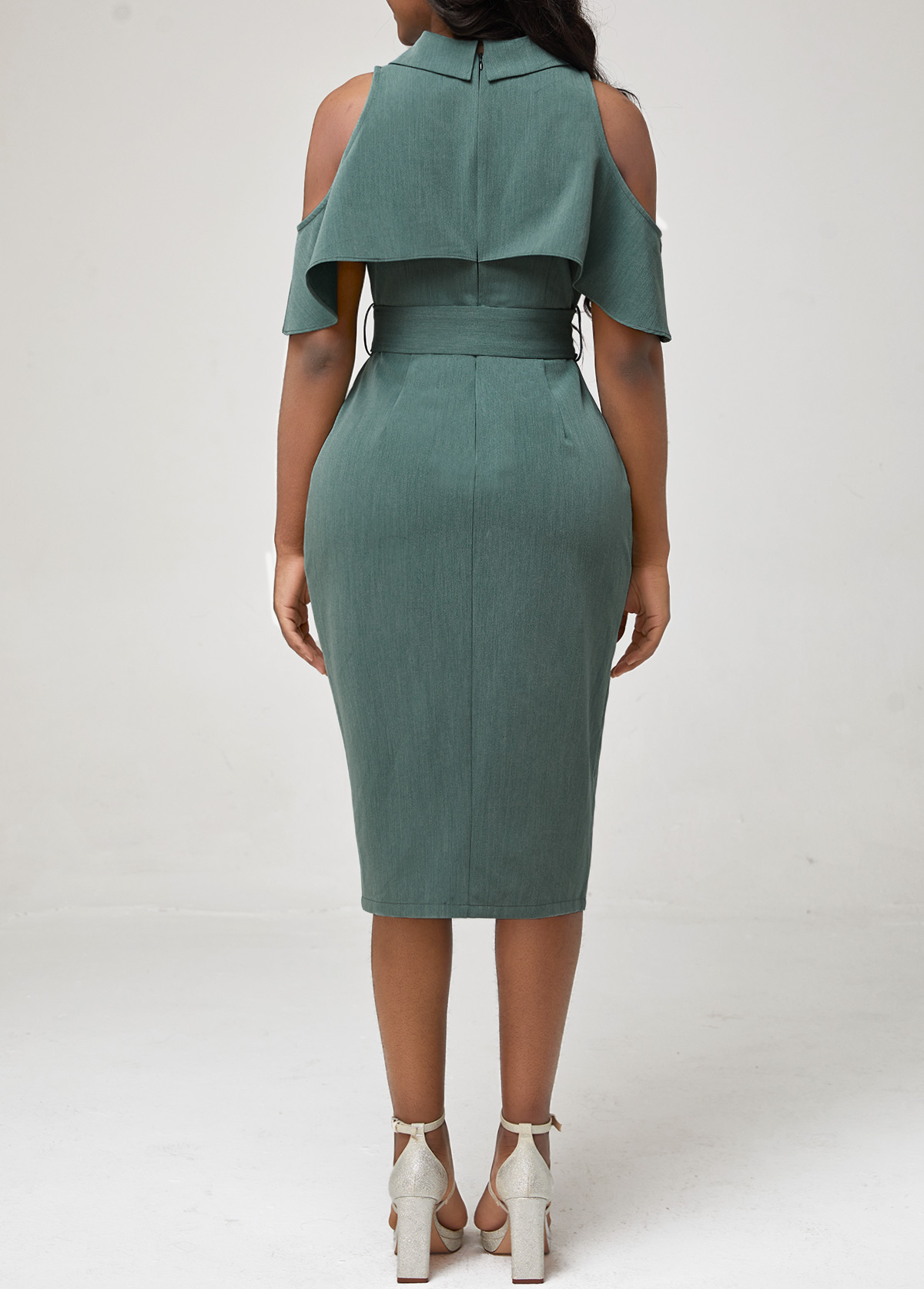 Flounce Cold Shoulder Blackish Green Dress