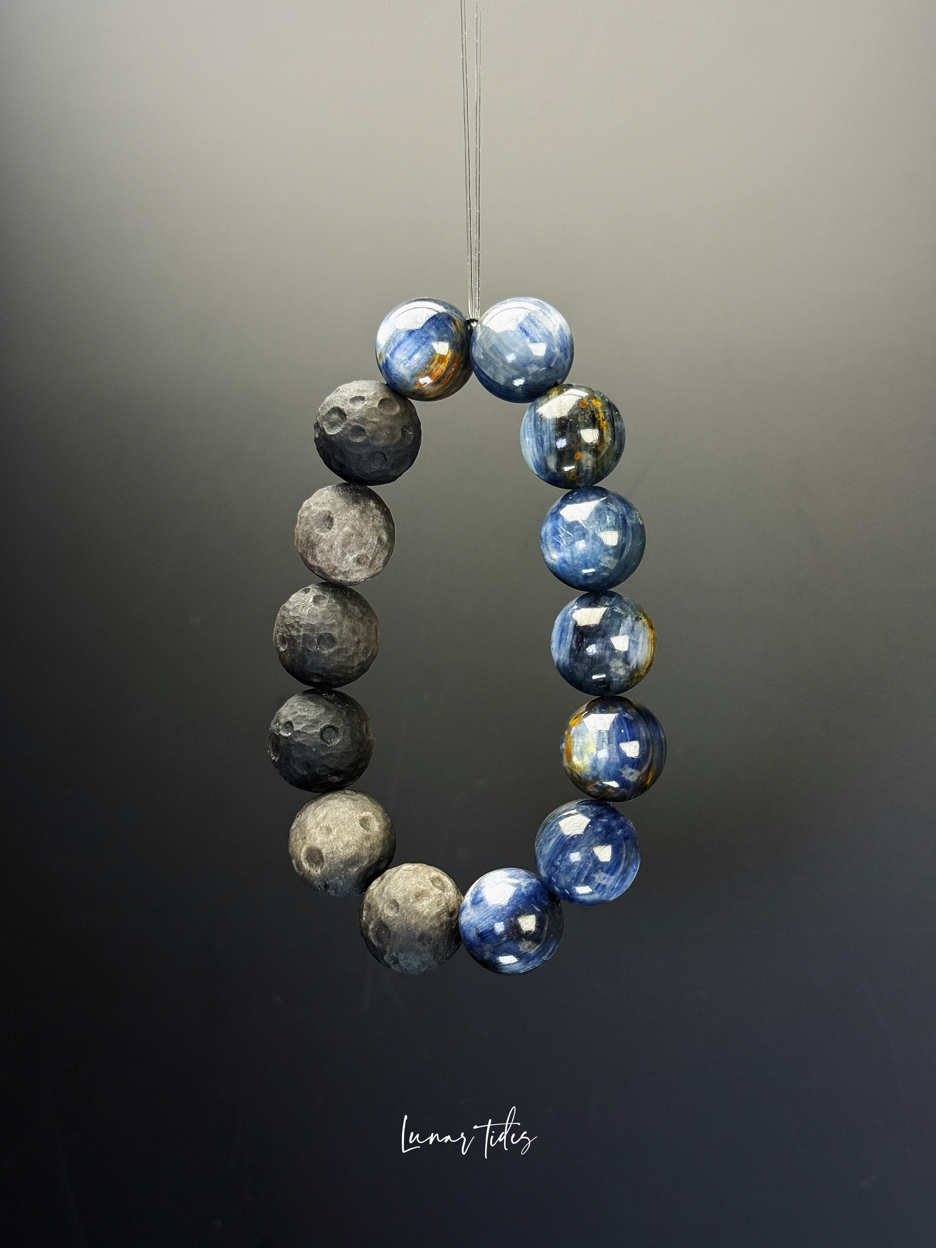 [Lunar Tides] Earth & Moon Symbiosis — Original Design Crystal Bracelet featuring Kyanite and Silver Obsidian