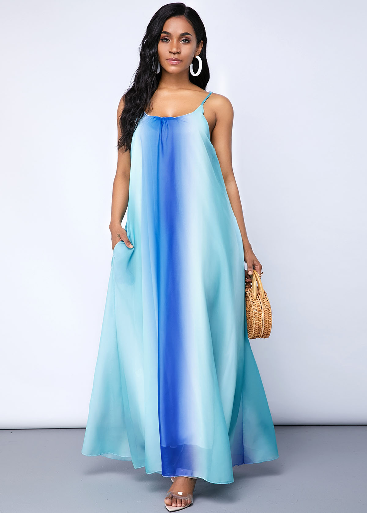 Pocket Tie Dye Print Spaghetti Strap Maxi Dress