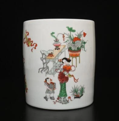 Yongzheng Signed Antique Chinese Famille Rose Brush Pot W/ lady