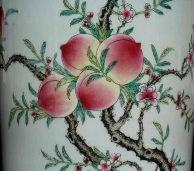 Yongzheng Signed Old Chinese Famille Rose Brush Pot W/peach