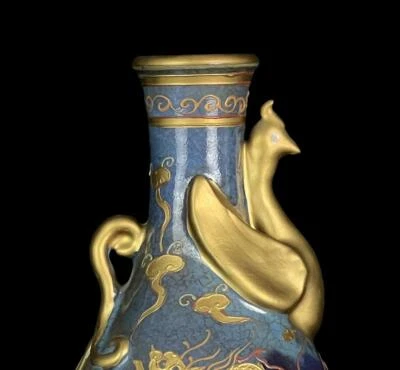 32CM Old Chinese Jun Kiln Gilding Vase w/dragon N819