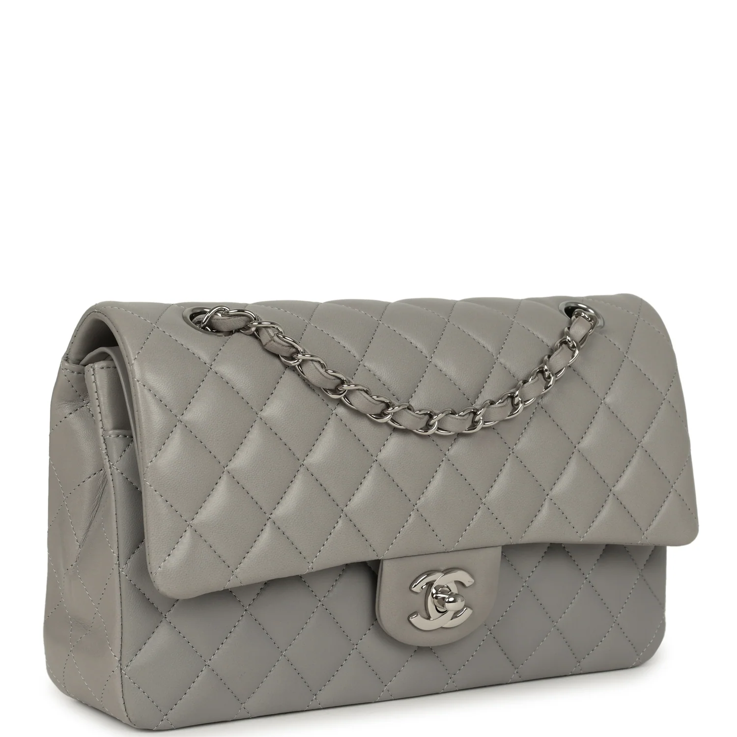 CHANEL Medium Classic Double Flap Bag Light Grey Lambskin Silver Hardware