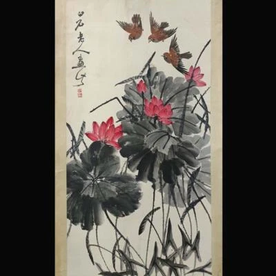 Qi Baishi Signed Chinese Hand Painted Calligraphy Scroll w/louts flower N1867