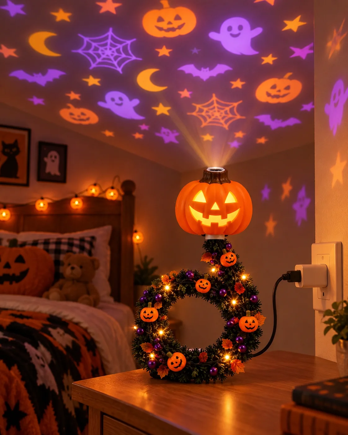 Halloween Edition projector wreath creating a festive room scene