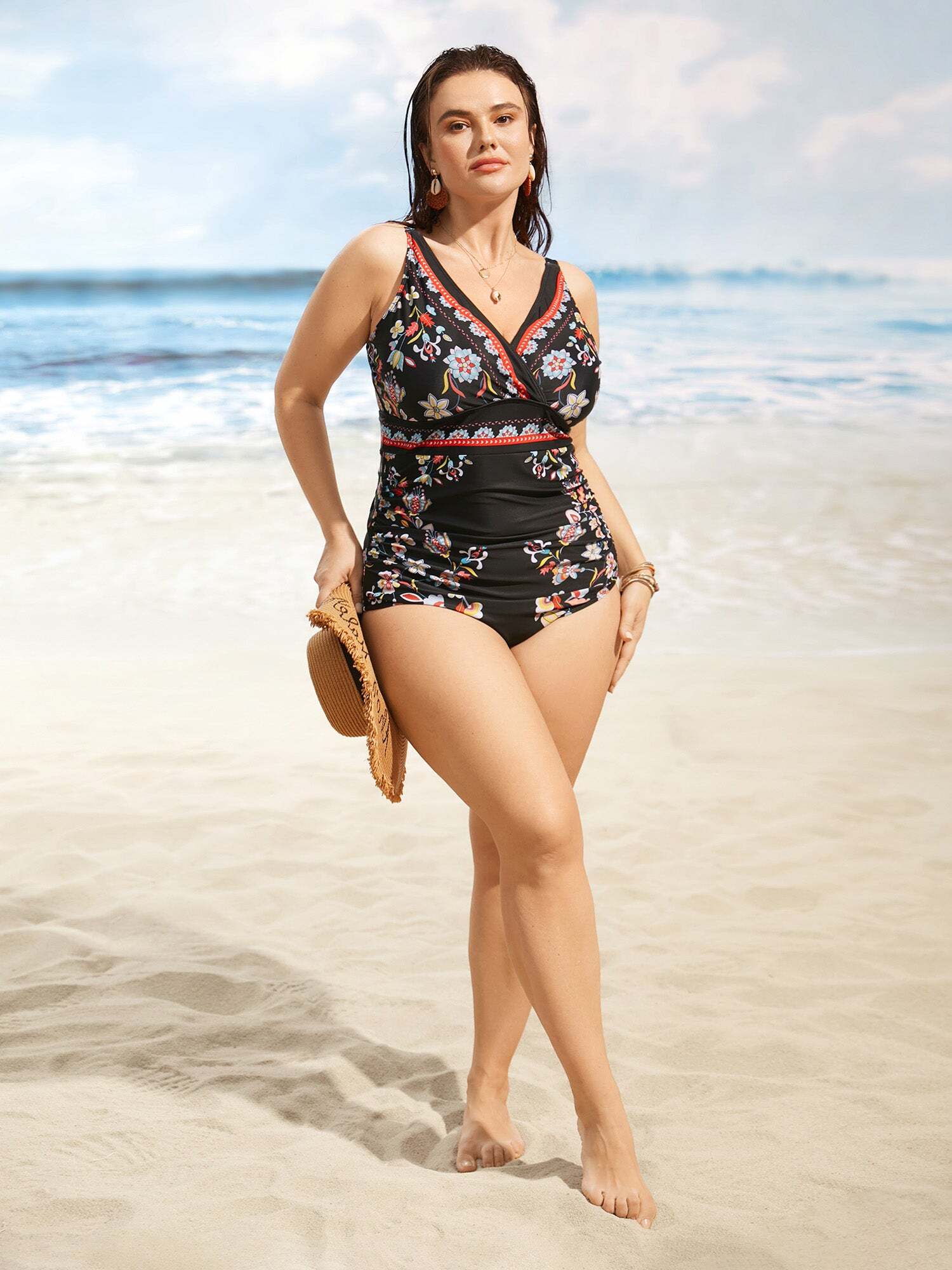 Boho Print Overlap Collar Gathered One Piece Swimsuit