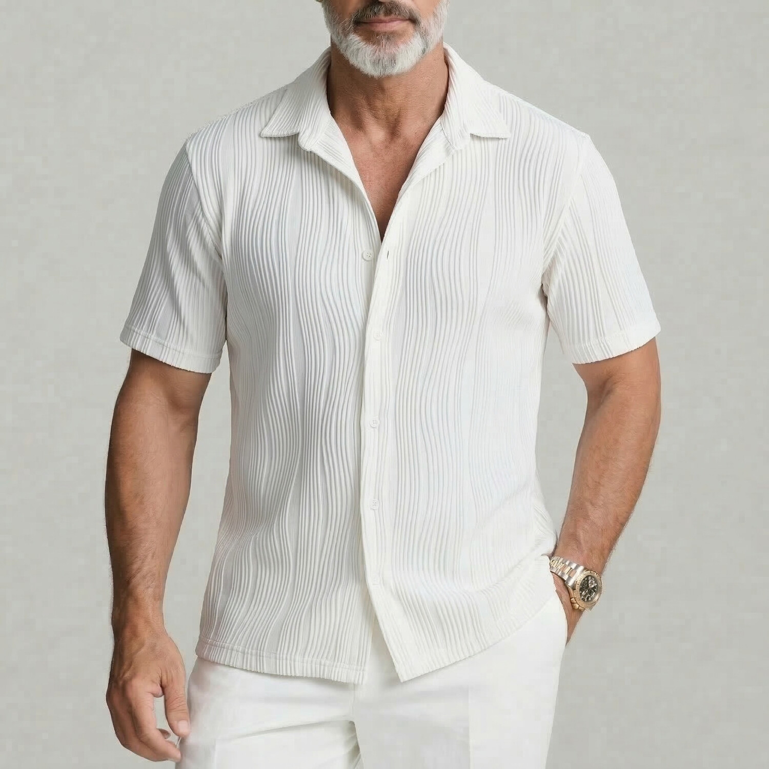 Men's Casual Royal Blue Crinkle Texture Button Up Short Sleeve Shirt