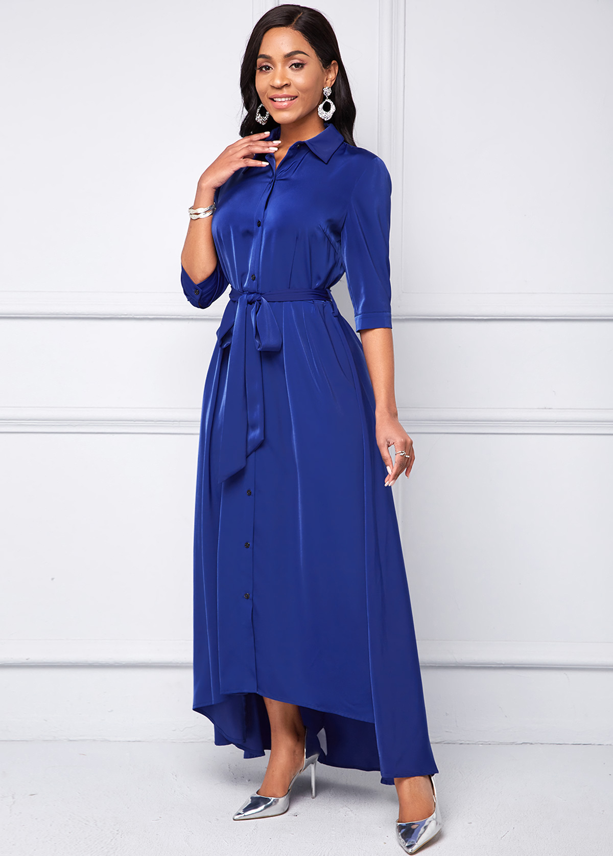 Button Up Turndown Collar Belted High Low Dress