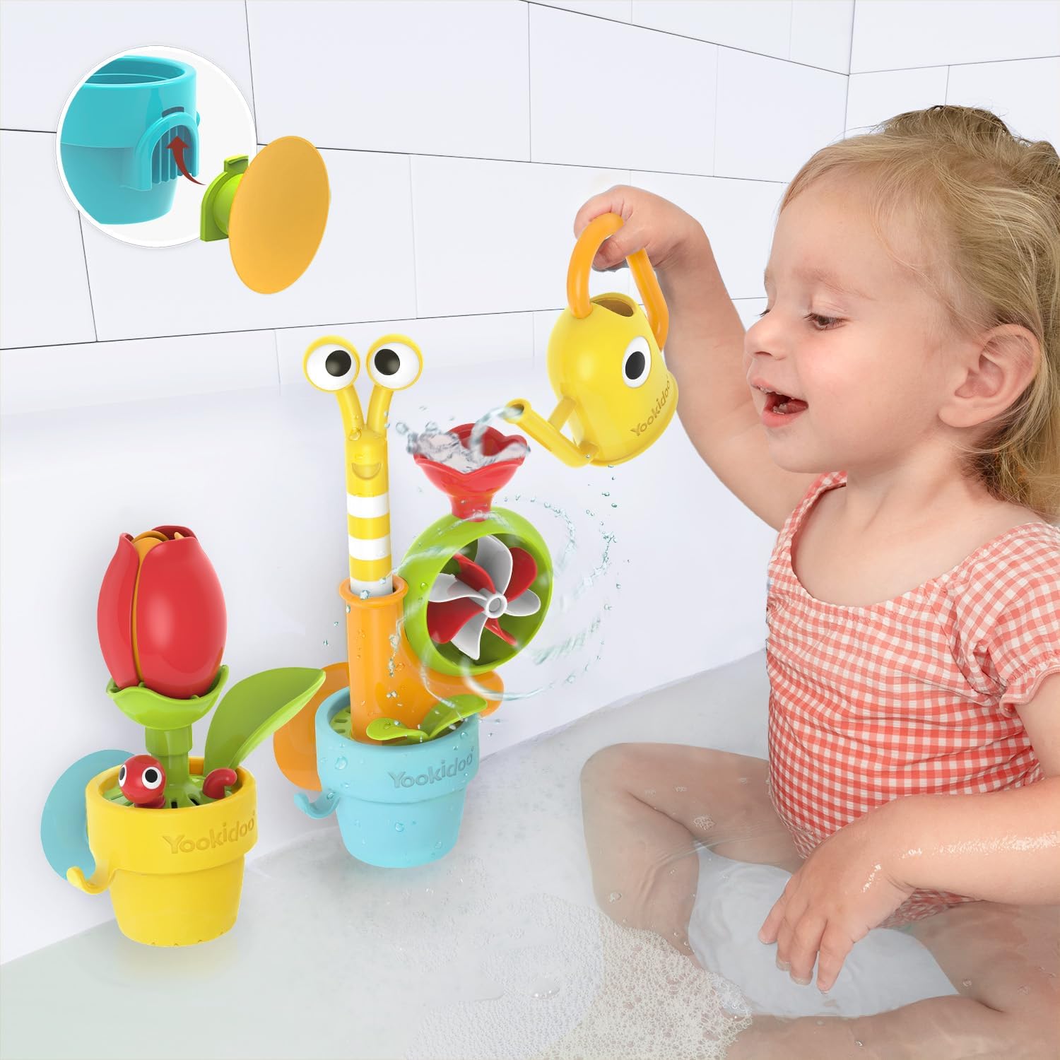 Yookidoo Toddler Baby Bath Toy (Ages 1-3) Garden Adventure Set Bundle: Snail & Flower with Watering Can (Mold Free) Attach to Any Tub or Shower Fun for Bath Time - Great for Boys , Girls , & Kids