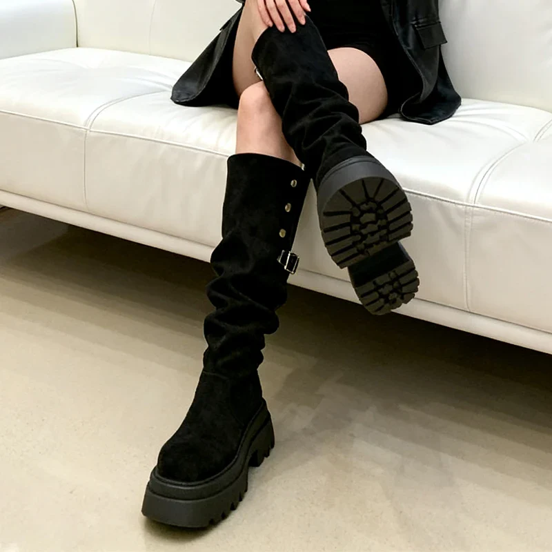 High Heels Women High Boots Fashion Dress Chunky Shoes Suede Designer Luxury Boots