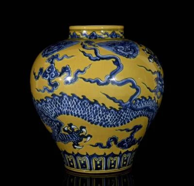 35CM Xuande Signed Old Chinese Blue&White Yellow Glaze Pot W/dragon N3326