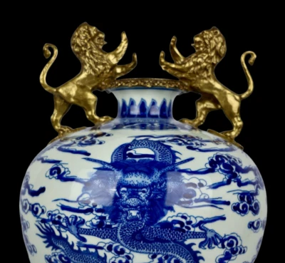 46CM Qianlong Signed Old Chinese Blue and White Vase w/dragon N3970