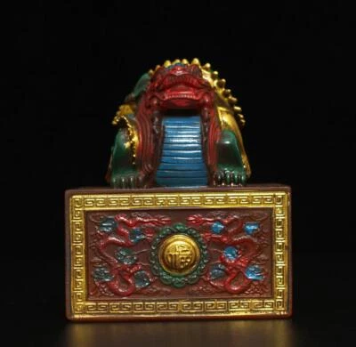 Signed Old Chinese Coloured Glaze Seal Stamp Statue w/dragon 1250g
