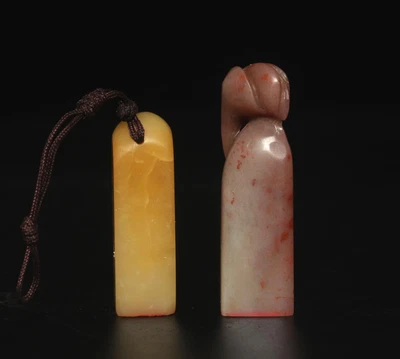 Two Signed Old Chinese Shoushan Stone Seal Stamp Statue 37g