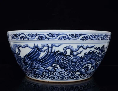 42CM Xuande Signed Old Chinese Blue and White Bowl W/ dragon N86