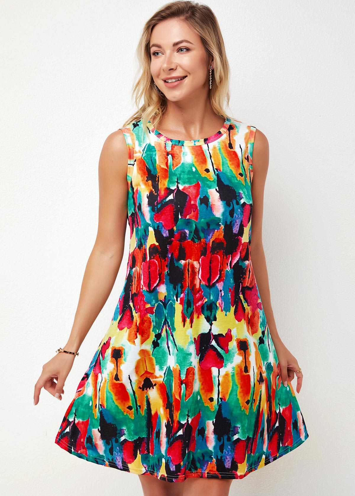 Printed Round Neck A Line Dress