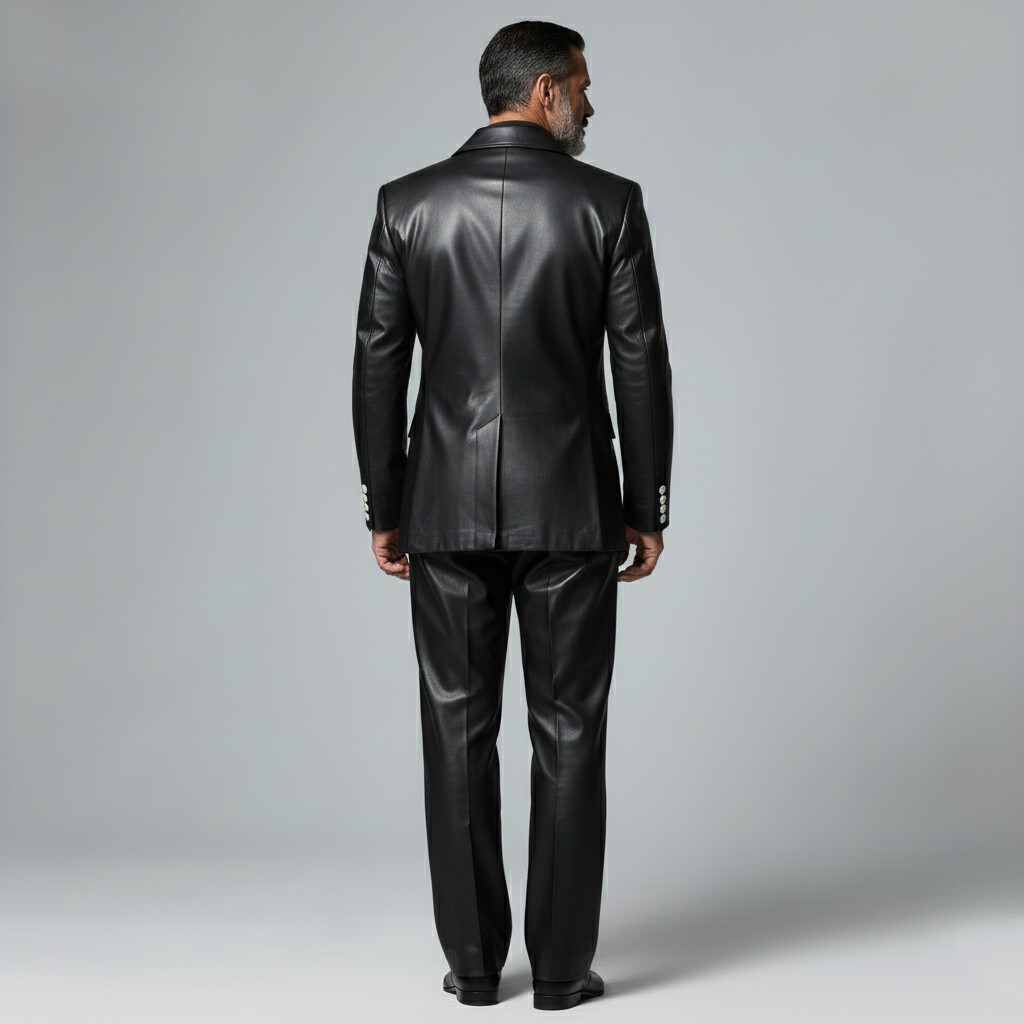 Men's Fashion Black PU Leather Notched Lapel Double Breasted Long Sleeve Blazer & Pants 2Pcs Set