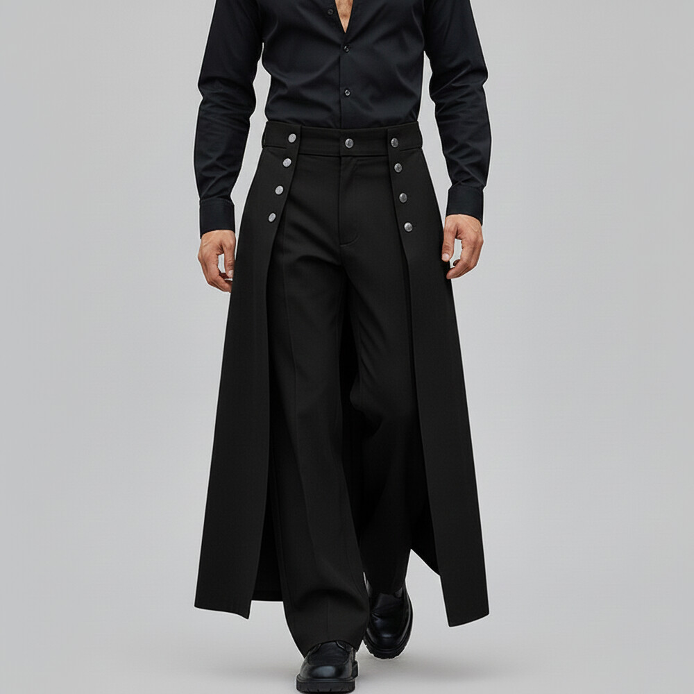 Men's Casual Black Buttons Layered Straight Leg Pants
