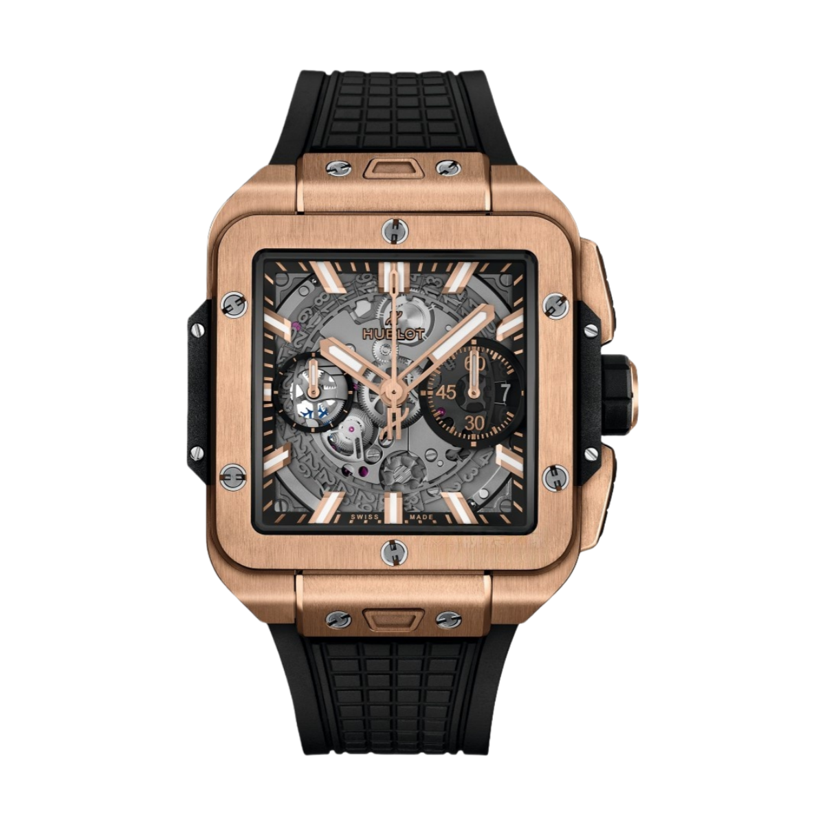 Hublot Square Bang Diamonds 42mm 821.OX.0180.RX.1204 King Gold Skeleton Dial Rubber Strap