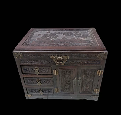 Old Chinese Wood Zitan Jewelry Box W/phoenix N4266