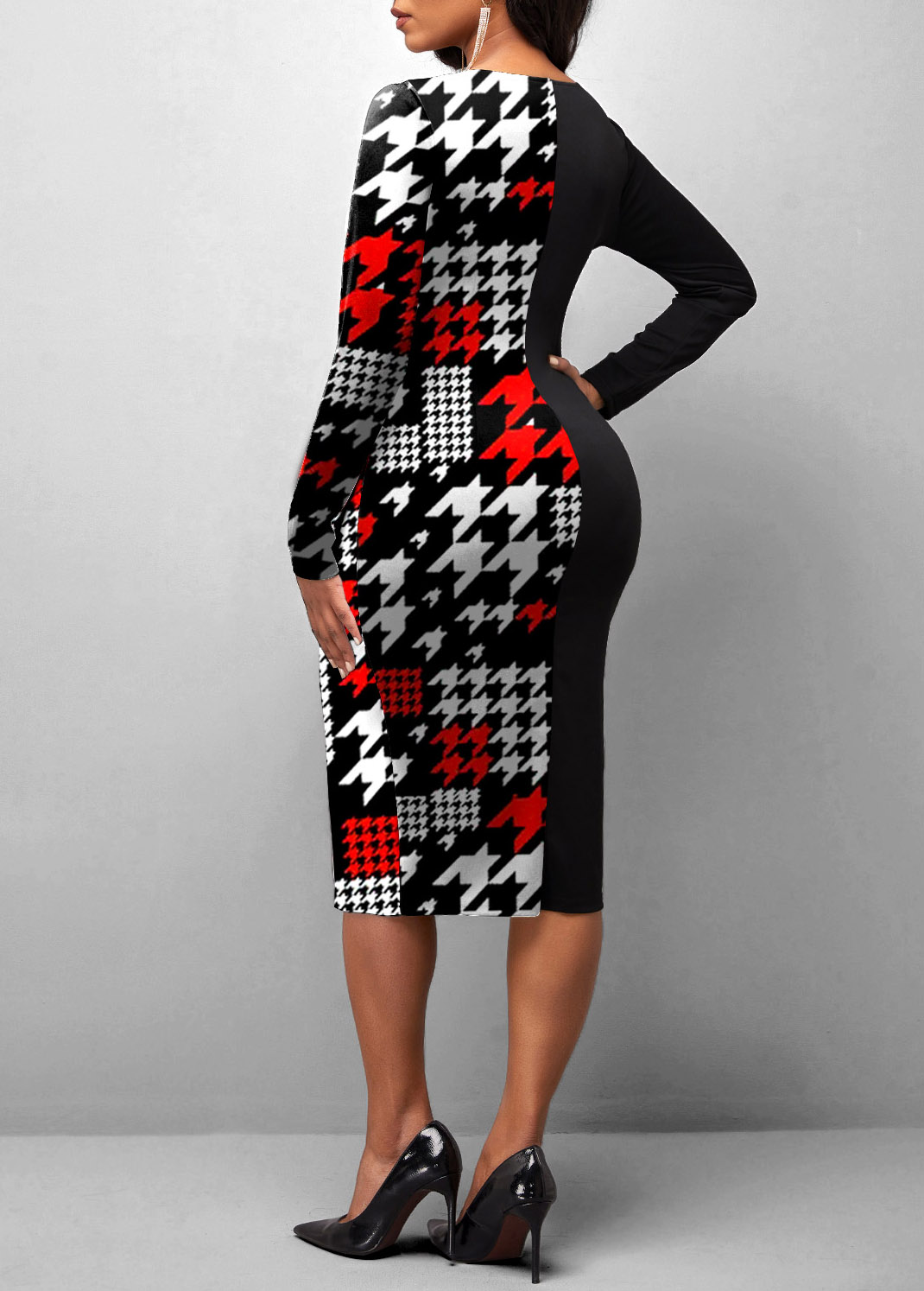 Black Houndstooth Print Long Sleeve Dress