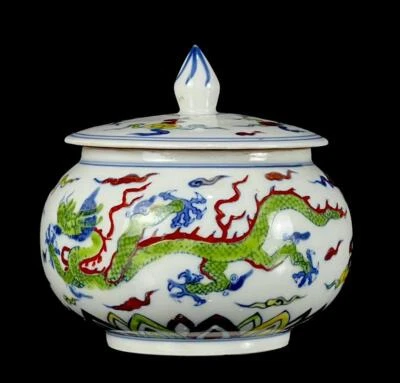 Chenghua Signed Old Chinese Doucai Tea Caddy W/dragon Q140