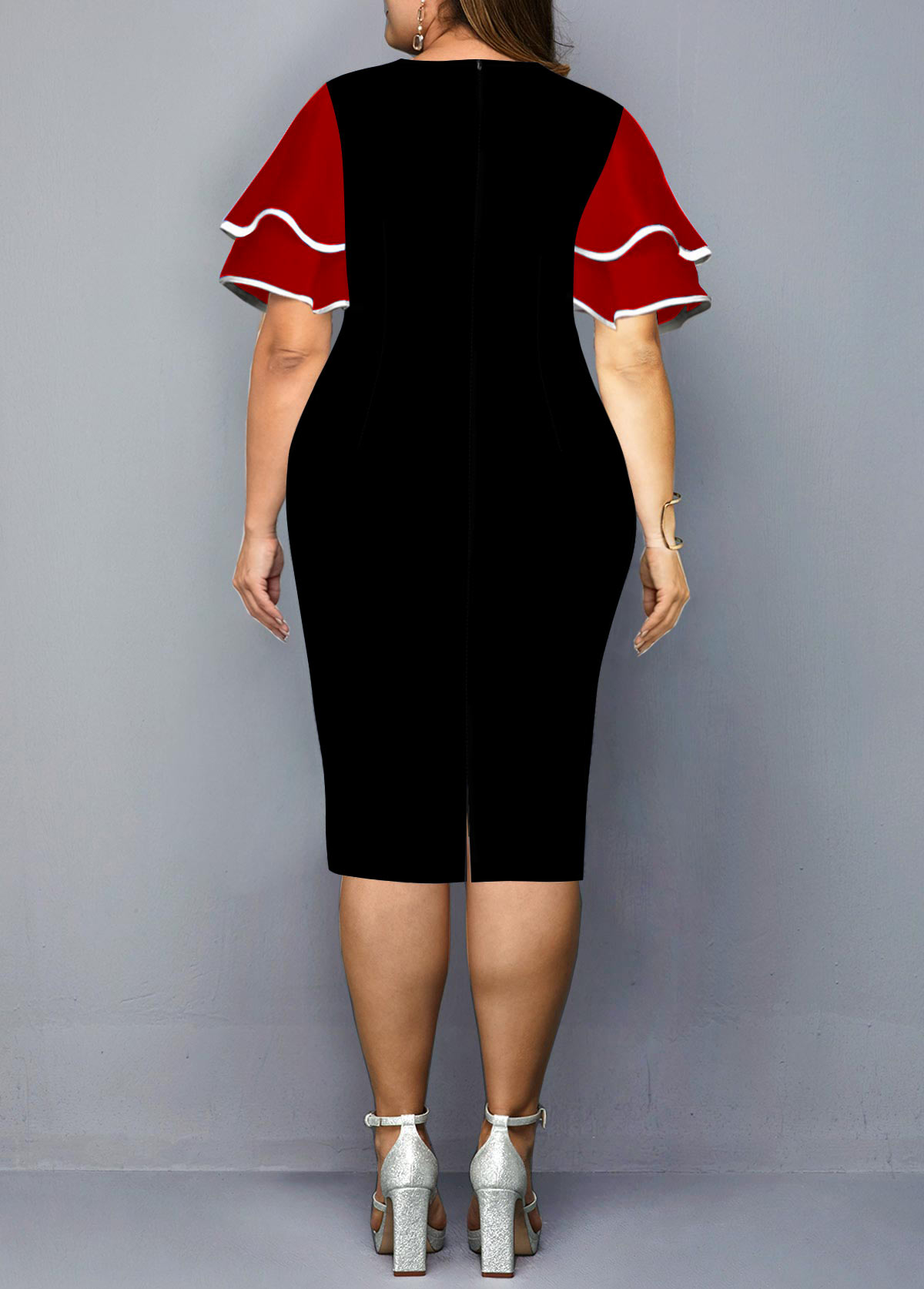 Round Neck Geometric Print Ruffle Sleeve Dress