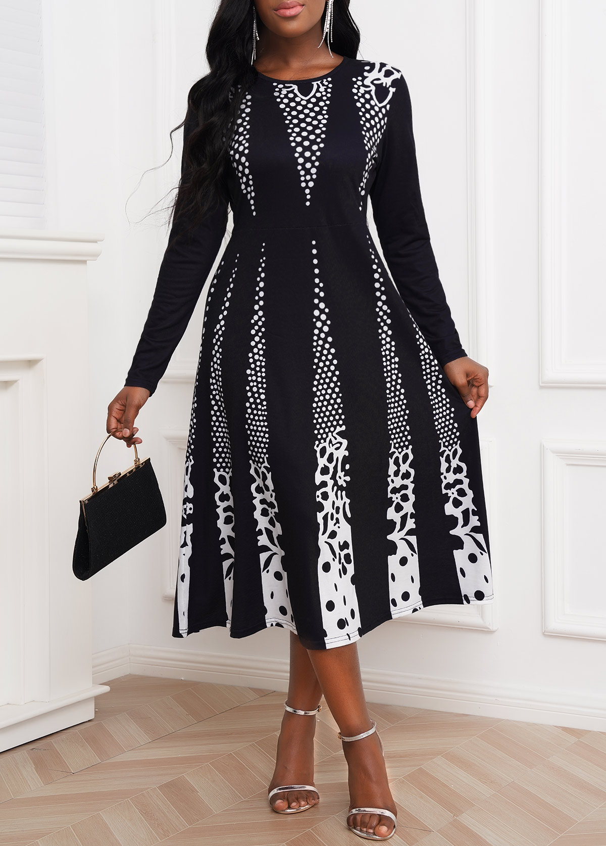 Contrast Long Sleeve Polka Dot Dress