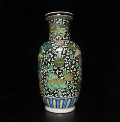 40CM Kangxi Signed Old Chinese Famille Rose Vase W/kylin