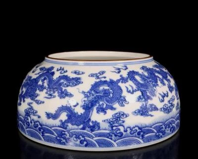 Yongzheng Signed Old Chinese Blue&White Brush Washer W/dragon N1439