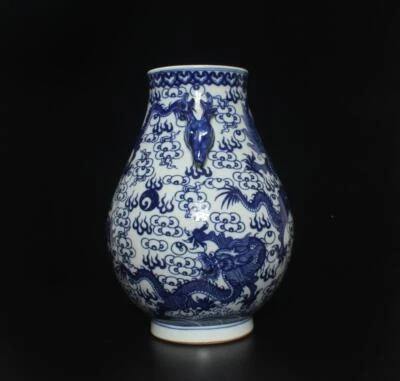 39CM Kangxi Singed Old Chinese Blue & White Porcelain Zun Vase w/ dragon